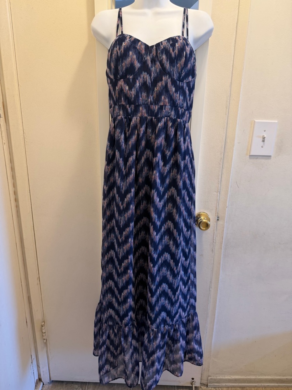 American Eagle Outfitters Maxi Dress Blue Purple Chevron Lined Smocked Back